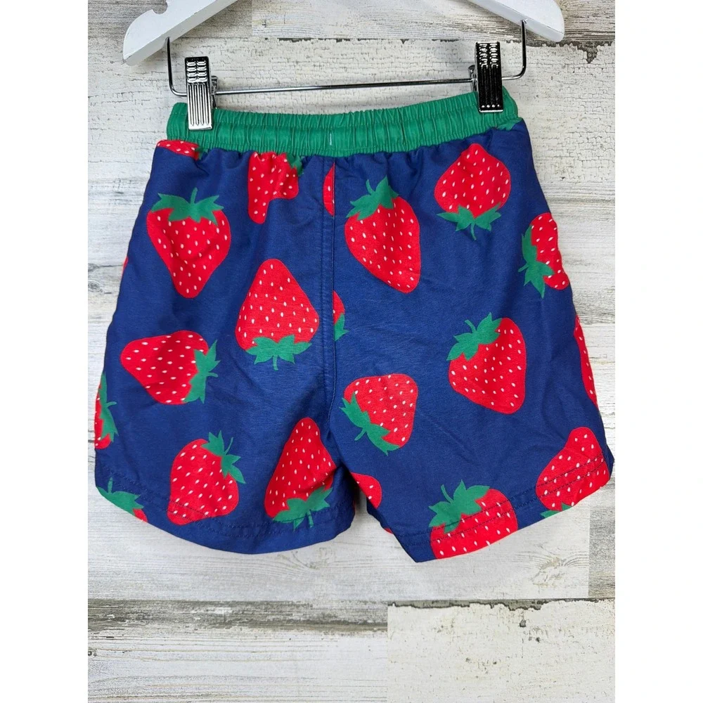 Mini Boden Swim Trunks Boys 3-4Y Blue Strawberry Print Fruit Resort Vacay